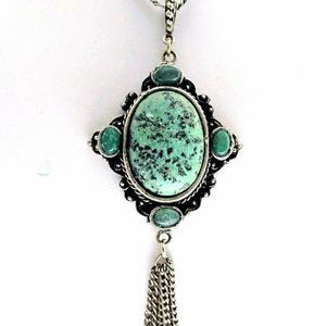Vintage Turquoise Natural Gemstone Pendant Necklace. Tassel drop fine chain.